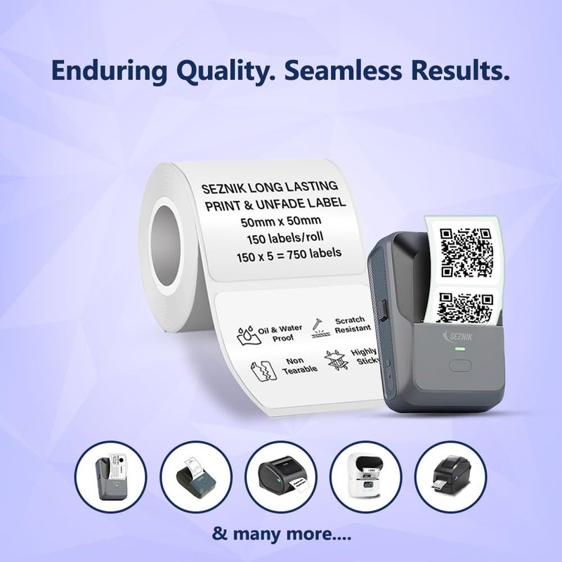 SEZNIK Waterproof, Non-Tearable, Sticky Thermal Lables, Label Roll, 2 inch Adhesive Thermal Labels for Label Printers (50mmx50mm - 750 Lables), 150 Labels - Image 5