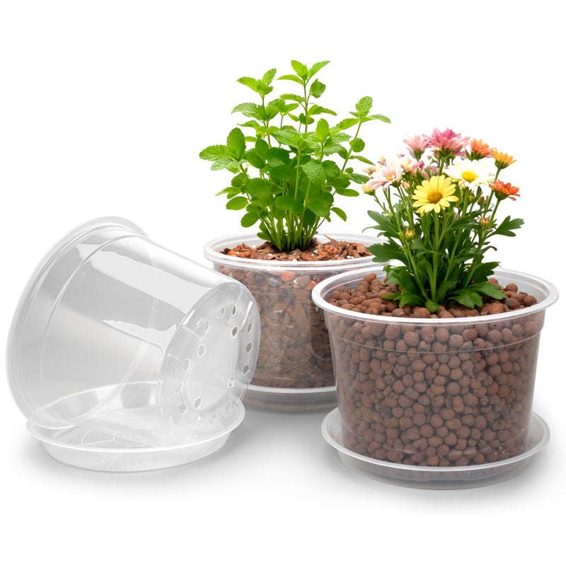 RAOOKIF 10 Inch Nursery Pots with Saucers, 4 Pack Clear Nursery Pots with Drainage Hole for Indoor Outdoor, Plastic Clear Pots for Plants for Flowers, Succulents, Small Herbs - Image 1