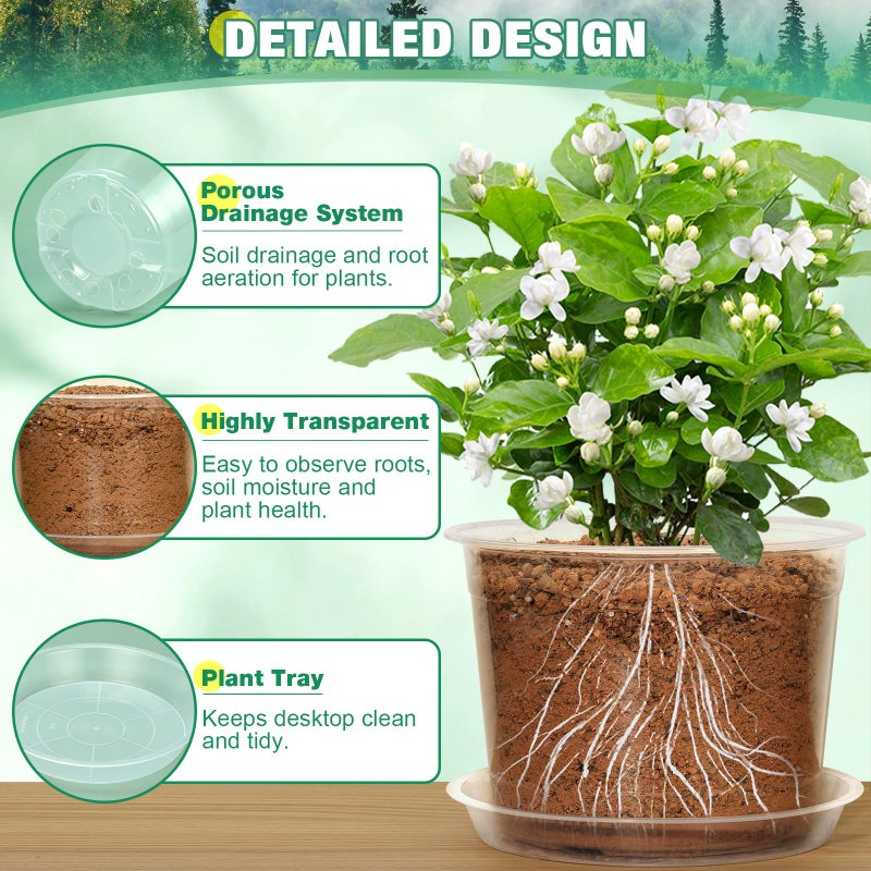 RAOOKIF 10 Inch Nursery Pots with Saucers, 4 Pack Clear Nursery Pots with Drainage Hole for Indoor Outdoor, Plastic Clear Pots for Plants for Flowers, Succulents, Small Herbs - Image 4