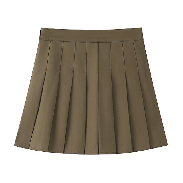 (Safety pants_zipper_button) pleated skirt JK uniform skirt skirt spring and summer versatile short skirt fashion Deep khaki - Image 1