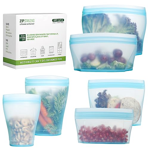 Zip Standing Reusable food container, silicone bag, 6 Pcs Zip Containers Can be used for fruit and vegetable snacks, etc. Microwave Dishwasher and Freezer Usable (blue)… - Image 1