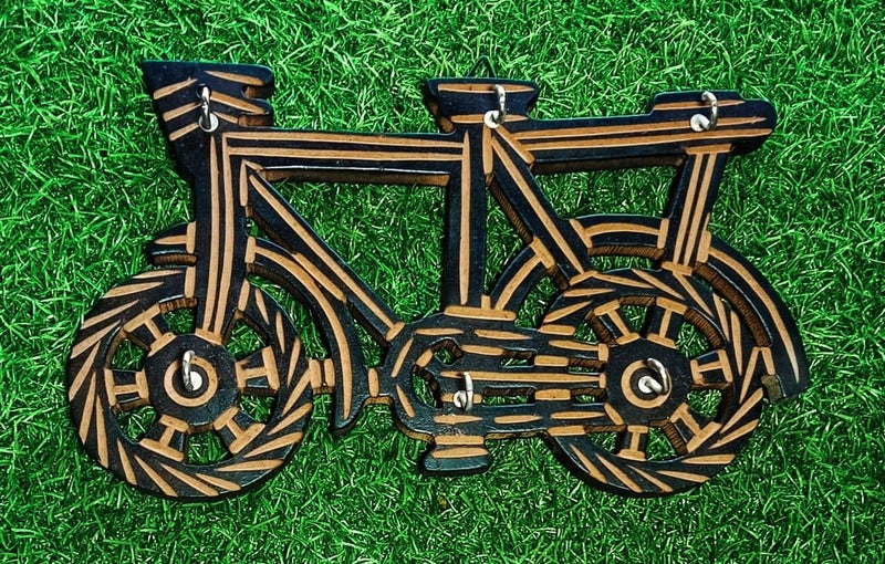 Decorative Wooden Key Holder with House Cycle Design Wall Mount Black and Natural Wood  - Image 2