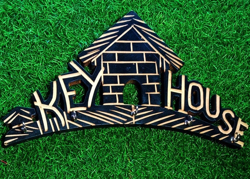 Decorative Wooden Key Holder with House Cycle Design Wall Mount Black and Natural Wood  - Image 1