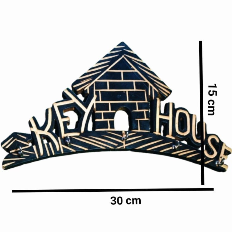 Decorative Wooden Key Holder with House Cycle Design Wall Mount Black and Natural Wood  - Image 3
