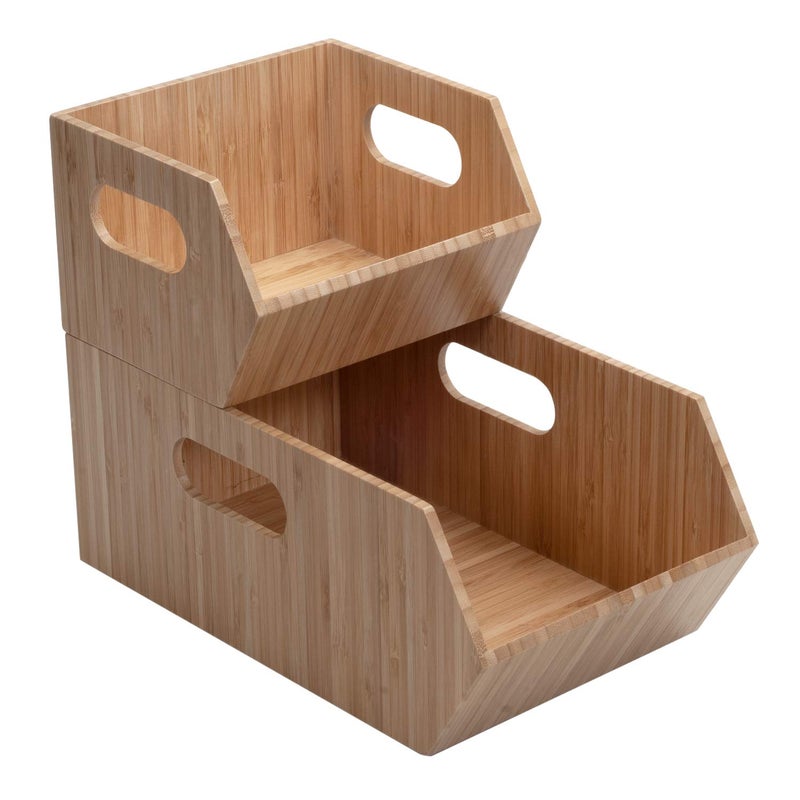MobileVision Bamboo Storage Bins for Pantry & Kitchen Cabinet Organizer Multi-Purpose 2 PC Stackable Set for Canned Goods, Vegetables, Pouches, Boxed Meals & more - Image 1