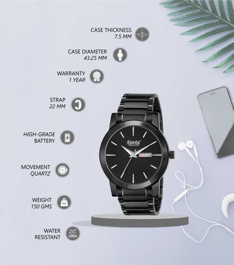 Ajanta Quartz Men's Analog Watch AWC502ISG Black Dial Stainless Steel Strap |Stylish Durable Perfect for Office Wear - Image 2