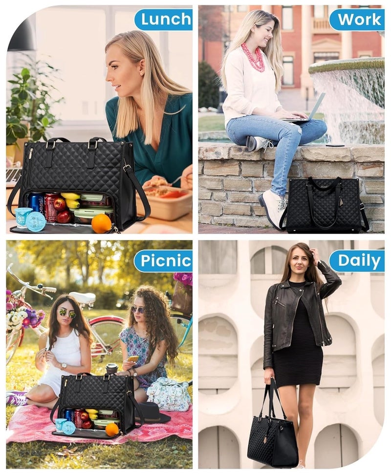 Handcuffs Women’s Lunch Tote Bag with Laptop Compartment | 2-in-1 Office Tiffin Bag for Women | Fits 15.6 Inch Laptop | Waterproof, Insulated, Stylish Handbag for Work, Travel, Picnic (Black) - Image 4