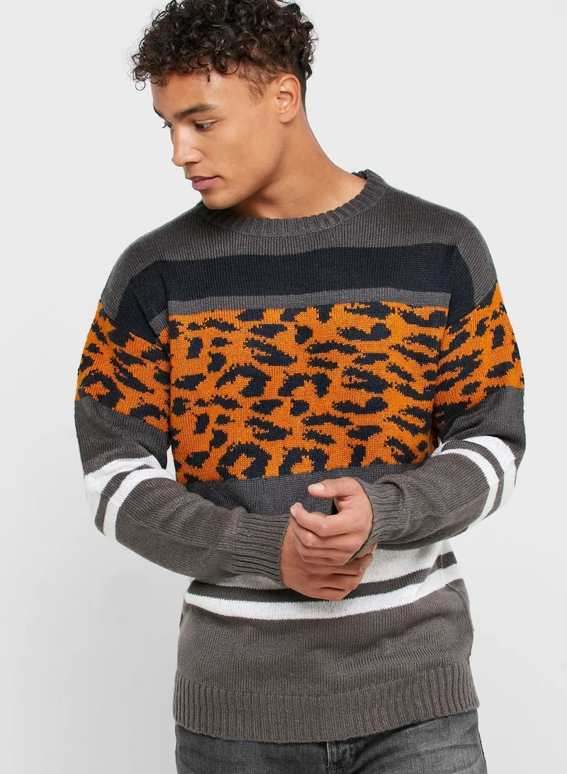 D-Struct Fallcy Leopard Panel Sweater