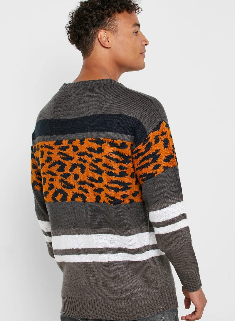 D-Struct Fallcy Leopard Panel Sweater