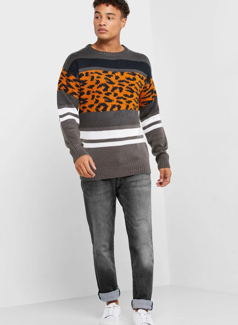D-Struct Fallcy Leopard Panel Sweater