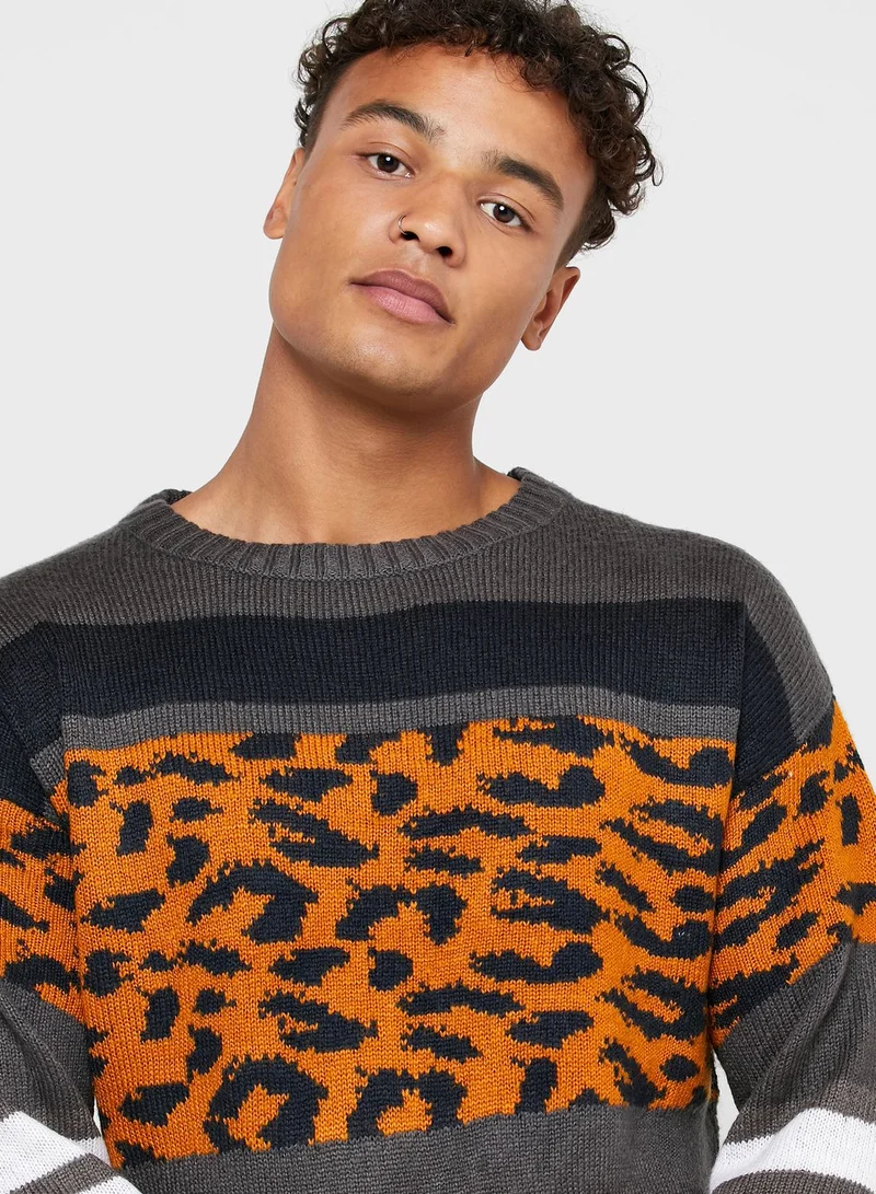 D-Struct Fallcy Leopard Panel Sweater