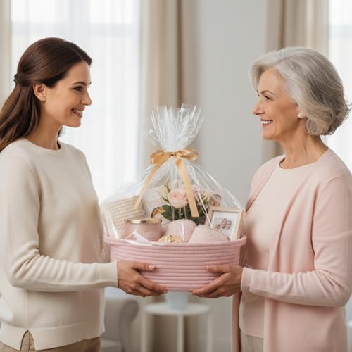 Kodomoore Small Woven Easter Basket with Gift Bag and Ribbon – Empty Burr Basket for Gifts, Baby Shower, & Birthdays – Decorative Rope Storage Organizer for Shelves, 12"x8"x5", Pink - Image 3