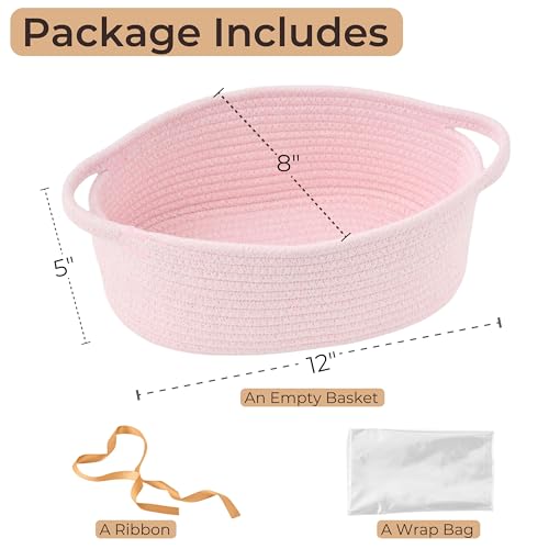Kodomoore Small Woven Easter Basket with Gift Bag and Ribbon – Empty Burr Basket for Gifts, Baby Shower, & Birthdays – Decorative Rope Storage Organizer for Shelves, 12"x8"x5", Pink - Image 2