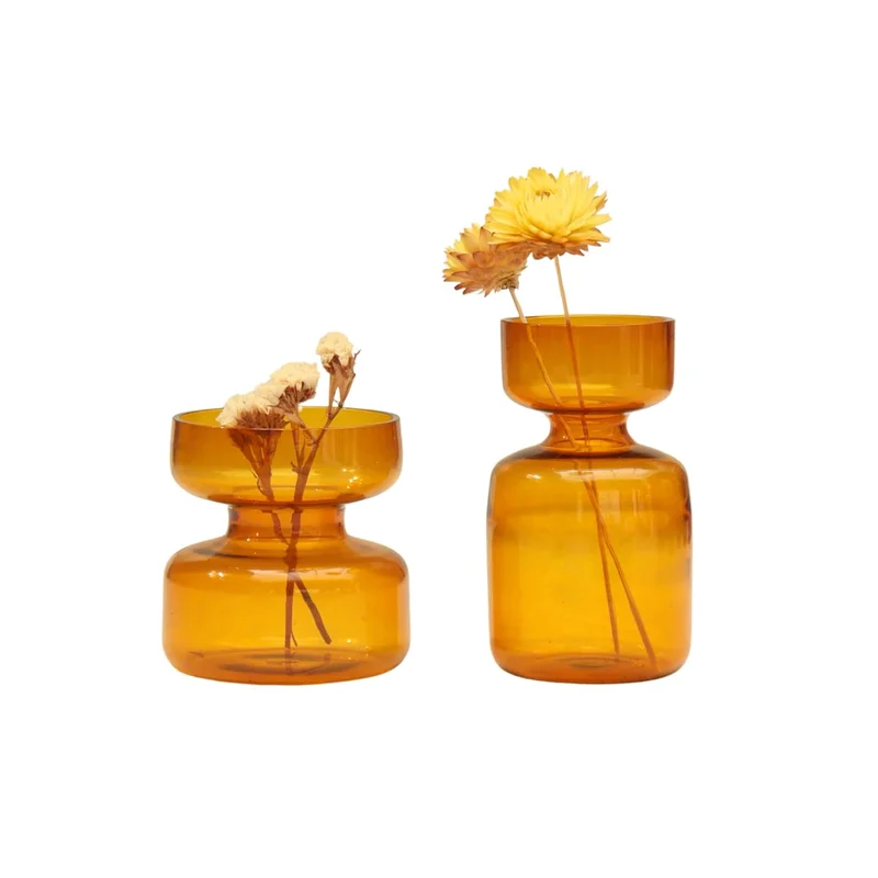 Muun Home MUUN HOME Amber Mini Glass Bud Vase Set with Dried Flowers - Set of 2 Decorative Vases for Home Decor