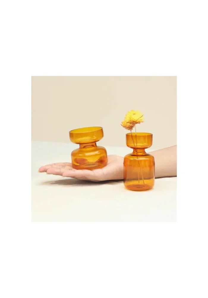 Muun Home MUUN HOME Amber Mini Glass Bud Vase Set with Dried Flowers - Set of 2 Decorative Vases for Home Decor