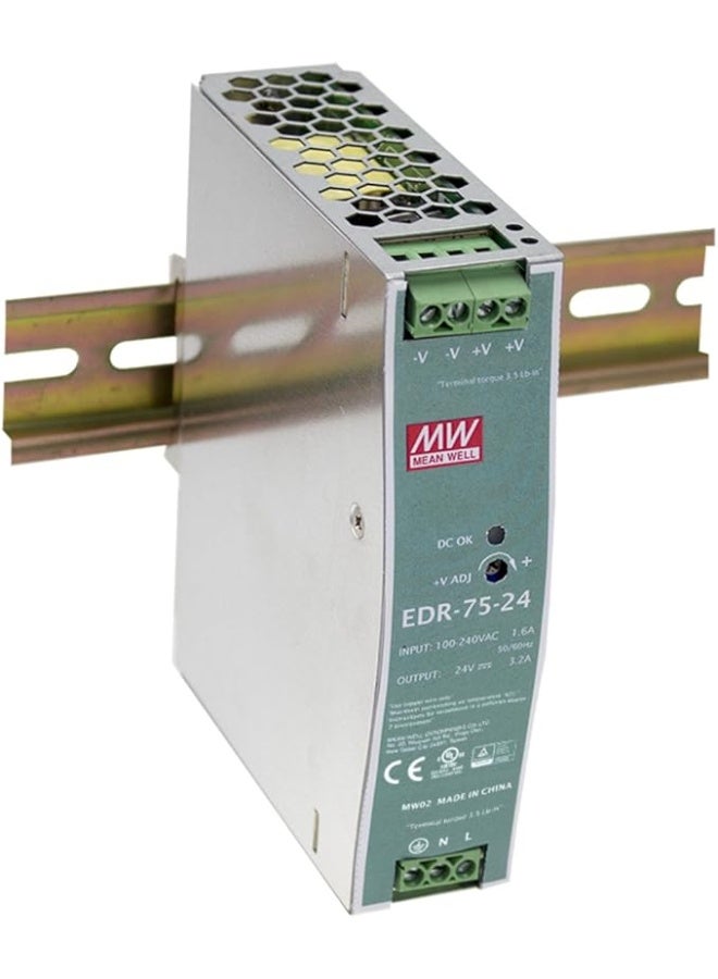 MEAN WELL EDR-75-24 DIN Rail Power Supply 75W 24V 3.2A Switching Power Supply AC to DC Converter 100-240VAC Input Industrial Slim Power Supply with Adjustable Output & Protection - Image 1