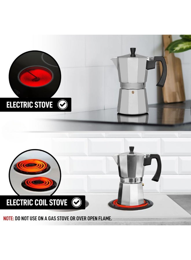 ماكينة تحضير اسبريسو كلاسيكية على الموقد لتحضير الاسبريسو القوي بنكهة رائعة، وعاء موكا على الطراز الايطالي الكلاسيكي، قهوة لذيذة، سهلة التشغيل وسريعة التنظيف (لون فضي) - Image 4