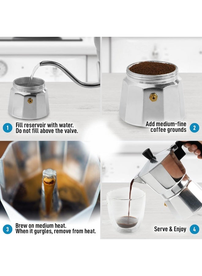 ماكينة تحضير اسبريسو كلاسيكية على الموقد لتحضير الاسبريسو القوي بنكهة رائعة، وعاء موكا على الطراز الايطالي الكلاسيكي، قهوة لذيذة، سهلة التشغيل وسريعة التنظيف (لون فضي) - Image 5