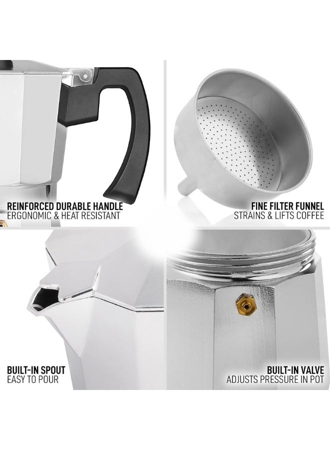 ماكينة تحضير اسبريسو كلاسيكية على الموقد لتحضير الاسبريسو القوي بنكهة رائعة، وعاء موكا على الطراز الايطالي الكلاسيكي، قهوة لذيذة، سهلة التشغيل وسريعة التنظيف (لون فضي) - Image 3