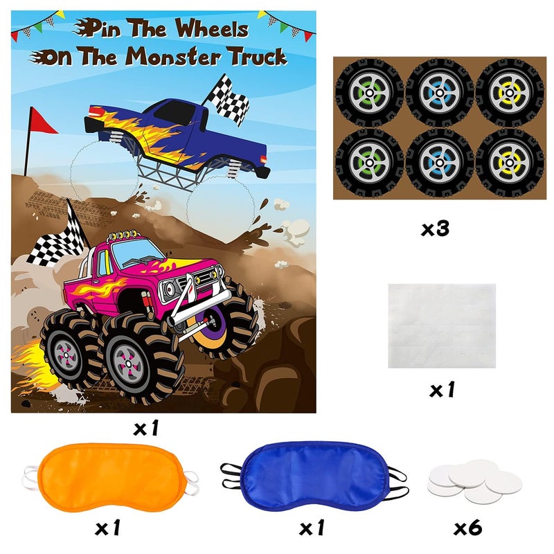 ANGOLIO Monster Truck Pin the Tail Games Party Supplies Pin the Wheels on the Monster Truck Poster Birthday Collection Favor Baby Shower Background Game Accessories for Kids ( Includes 2 Blindfolds ) - Image 3