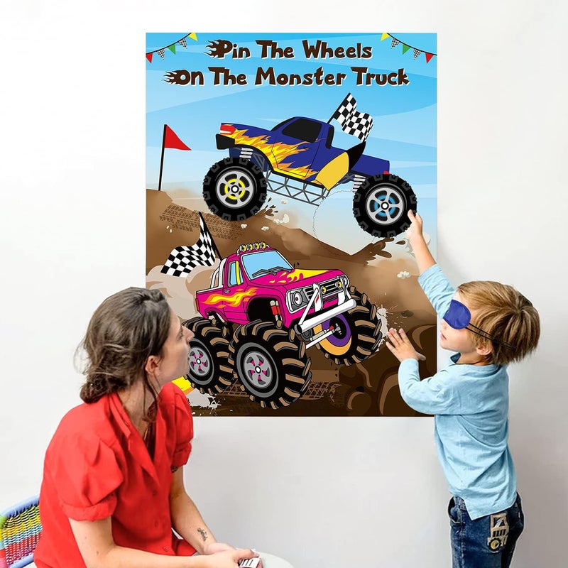 ANGOLIO Monster Truck Pin the Tail Games Party Supplies Pin the Wheels on the Monster Truck Poster Birthday Collection Favor Baby Shower Background Game Accessories for Kids ( Includes 2 Blindfolds ) - Image 4