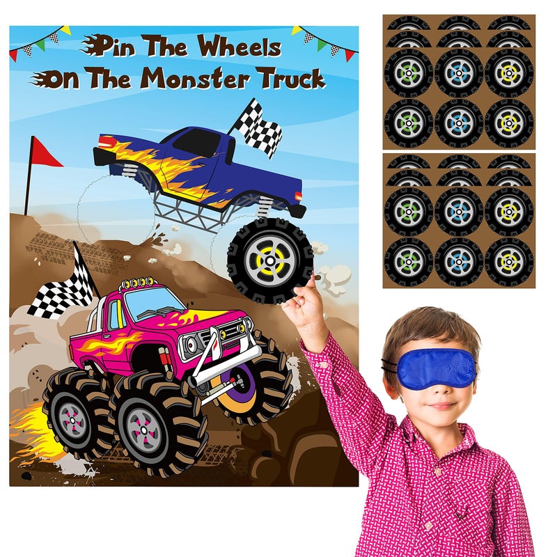 ANGOLIO Monster Truck Pin the Tail Games Party Supplies Pin the Wheels on the Monster Truck Poster Birthday Collection Favor Baby Shower Background Game Accessories for Kids ( Includes 2 Blindfolds ) - Image 1