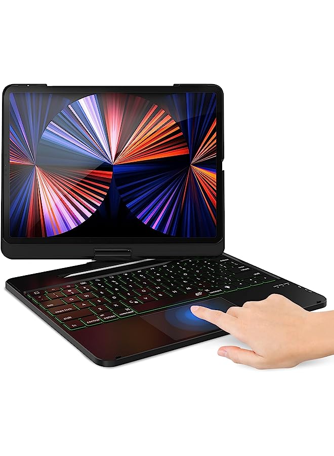 IAF Keyboard Case With Trackpad For Ipad Pro 12.9 2021 2020 2018, Touchpad Keyboard Case With 360 Degree Rotation 7 Color Backlit Pencil Holder For 5Th 4Th 3Rd Gen 12.9 Inch Ipad –Black