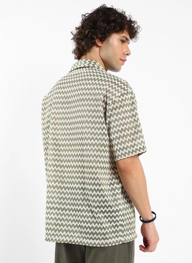 Campus Sutra Men's Olive Green & Powder White Chevron-Striped Oversized Shirt