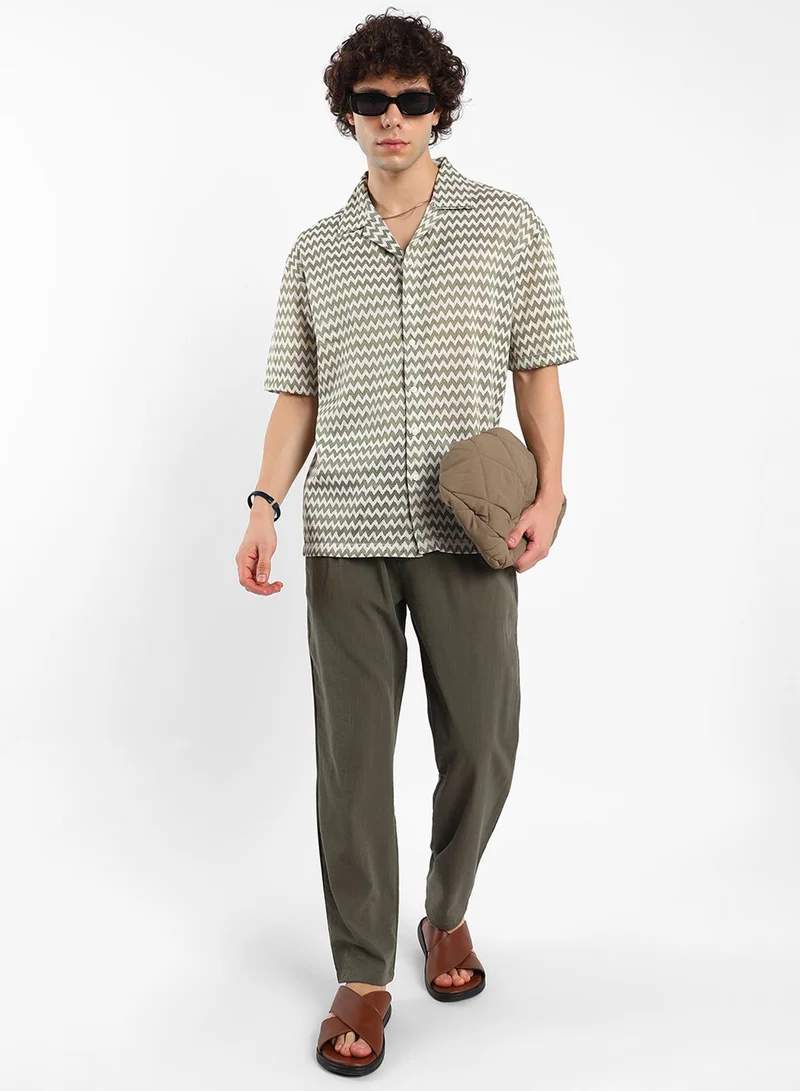 Campus Sutra Men's Olive Green & Powder White Chevron-Striped Oversized Shirt