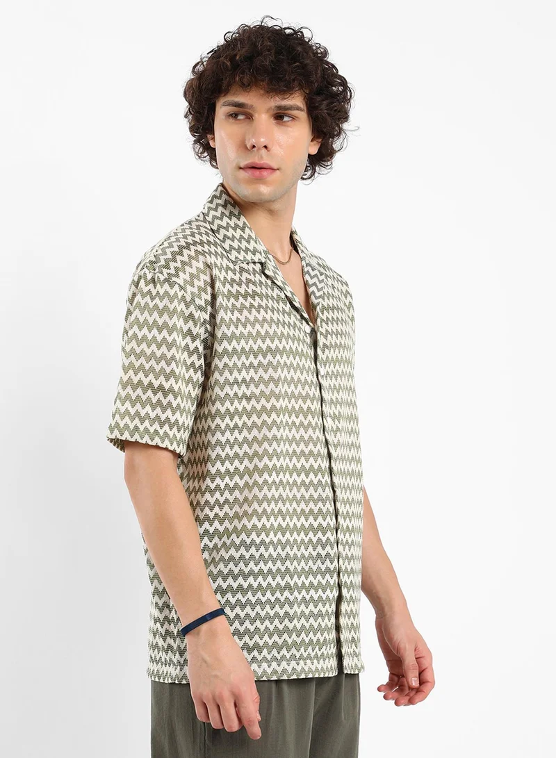 Campus Sutra Men's Olive Green & Powder White Chevron-Striped Oversized Shirt