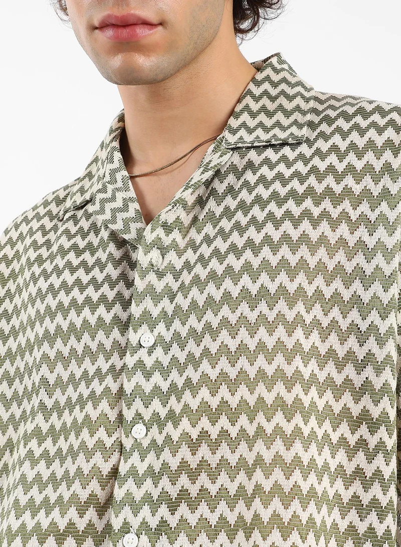 Campus Sutra Men's Olive Green & Powder White Chevron-Striped Oversized Shirt