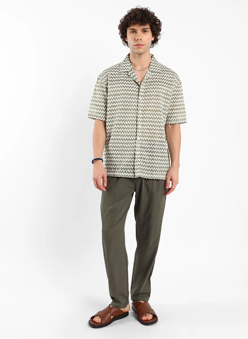 Campus Sutra Men's Olive Green & Powder White Chevron-Striped Oversized Shirt