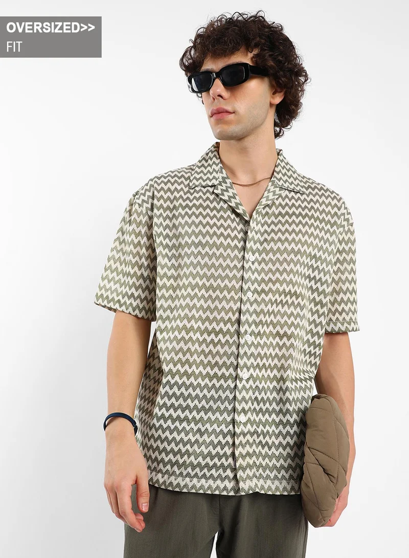 Campus Sutra Men's Olive Green & Powder White Chevron-Striped Oversized Shirt