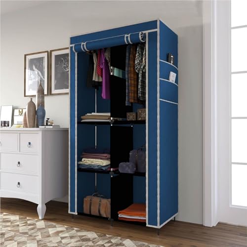 GTC® Collapsible Wardrobe Closet for Clothes Almira, 2 Hanging Space, 6 Shelves, 1 Side Pocket Non-Woven Fabric 7700-3 (Blue) - Image 1