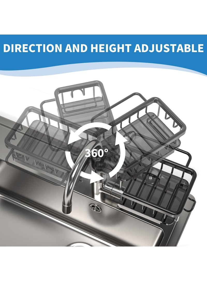 SYOSI Sponge Holder for Kitchen Faucet, Aluminum Alloy Adjustable Faucet Rack, Kitchen Faucet Caddy Organizer for Holding Sponge/Dish Soap/Rag, Detachable Faucet Rack with Drain Tray (Black)  - Image 3