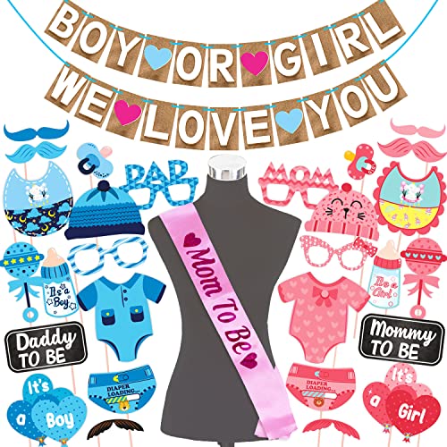 WOBBOX Baby Shower Combo of Party Props 28 Pcs & Jute Style Boy Or Girl We Love You Bunting Banner, with Mom to be Light Pink Sash Baby Shower Decoration Item (Pack of 3) - Image 1