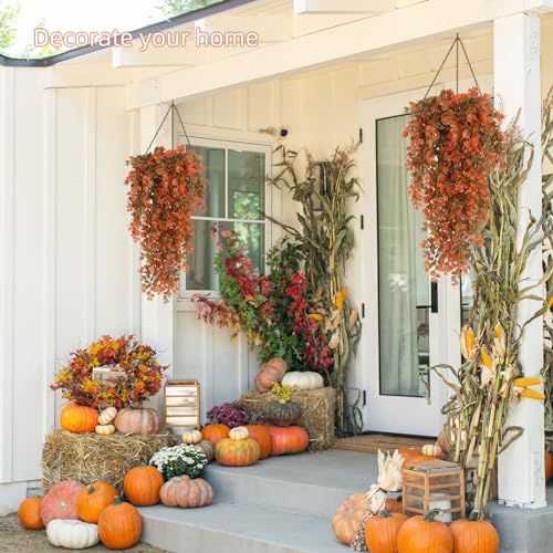 RECUTMS Artificial Fall Flowers Artificial Hanging Plants Faux Autumn Plants Faux Hanging Plants Fake for Indoor Outdoors,No Basket (Orange) - Image 3