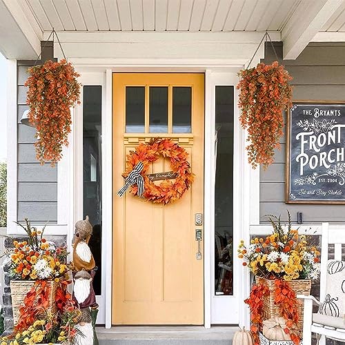 RECUTMS Artificial Fall Flowers Artificial Hanging Plants Faux Autumn Plants Faux Hanging Plants Fake for Indoor Outdoors,No Basket (Orange) - Image 5