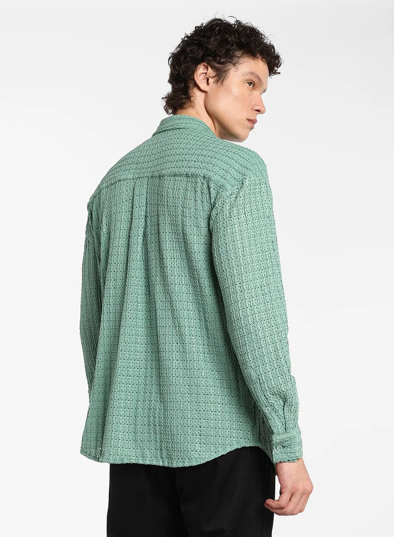 CAHOOT  Men's Sea Green Hollow Knit Oversized Shirt For Casual Wear | Cuban Collar | Long Sleeve | Button Closure | Oversized Shirt Crafted With Comfort Fit For Everyday Wear for Men | Best Price UAE