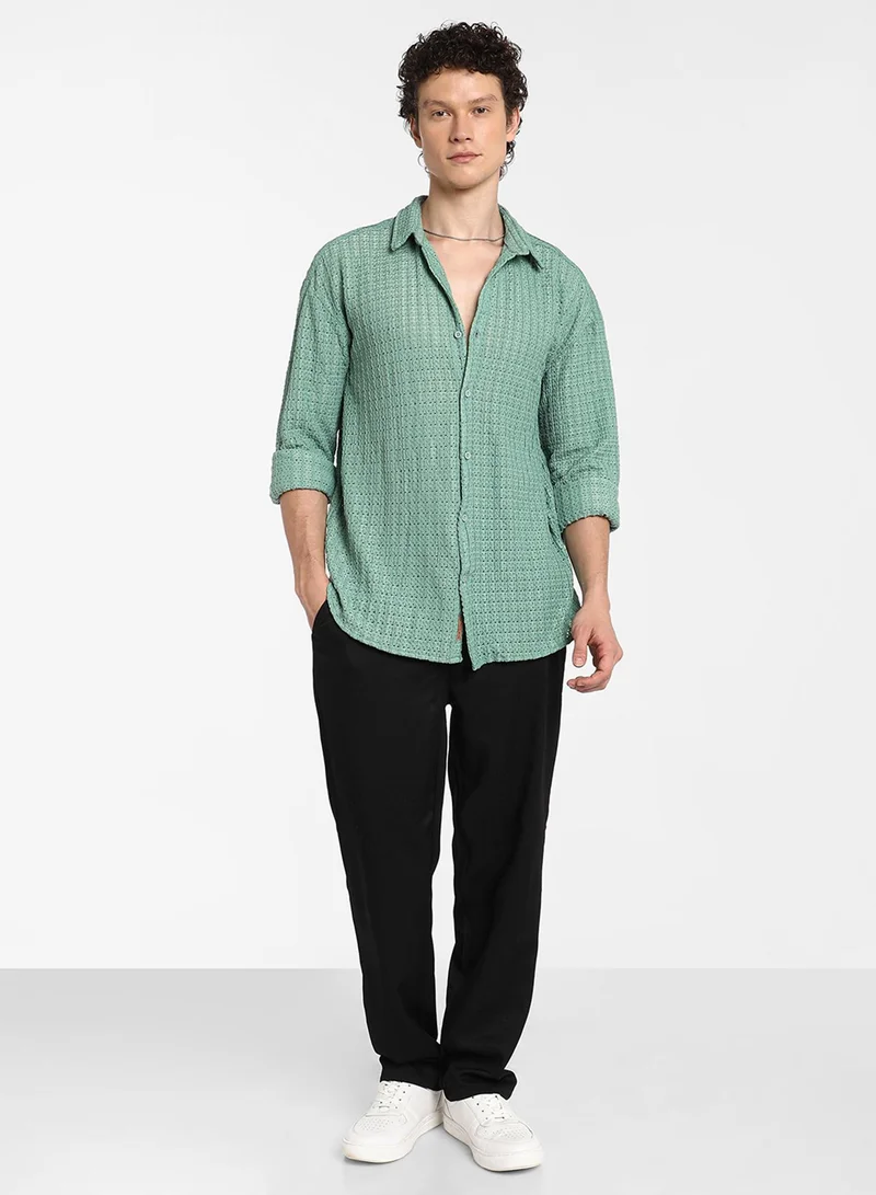 CAHOOT  Men's Sea Green Hollow Knit Oversized Shirt For Casual Wear | Cuban Collar | Long Sleeve | Button Closure | Oversized Shirt Crafted With Comfort Fit For Everyday Wear for Men | Best Price UAE