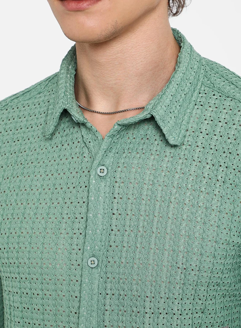 CAHOOT  Men's Sea Green Hollow Knit Oversized Shirt For Casual Wear | Cuban Collar | Long Sleeve | Button Closure | Oversized Shirt Crafted With Comfort Fit For Everyday Wear for Men | Best Price UAE
