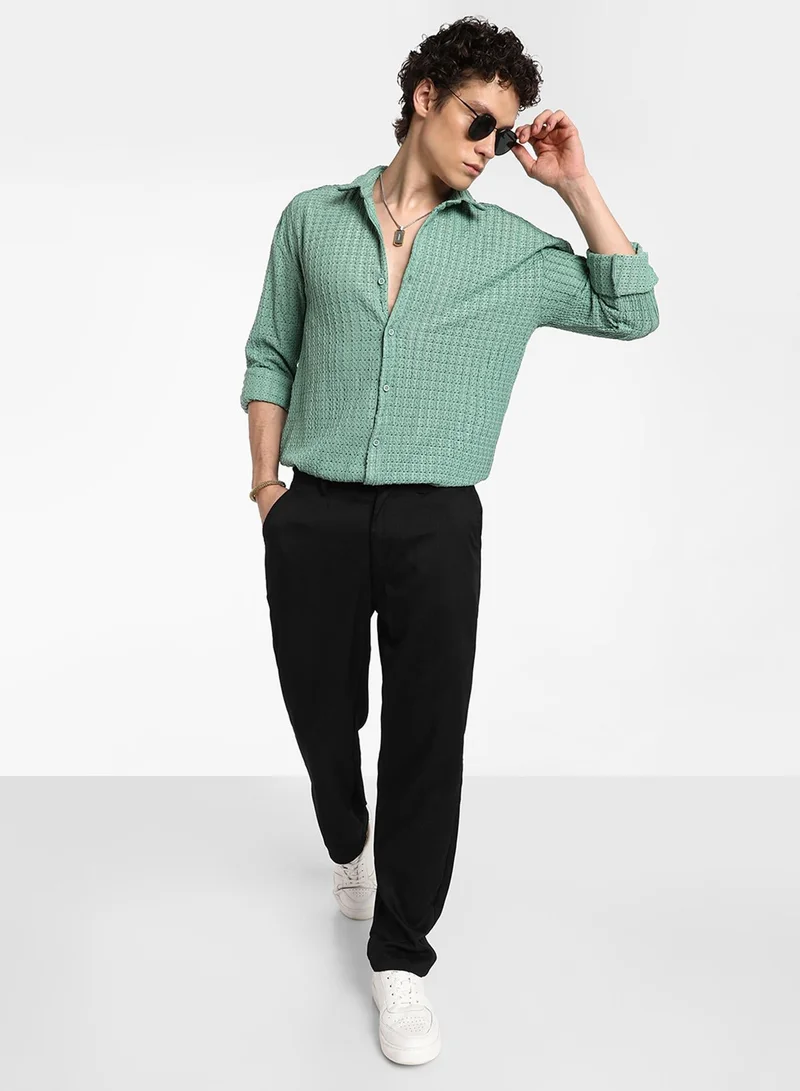 CAHOOT  Men's Sea Green Hollow Knit Oversized Shirt For Casual Wear | Cuban Collar | Long Sleeve | Button Closure | Oversized Shirt Crafted With Comfort Fit For Everyday Wear for Men | Best Price UAE