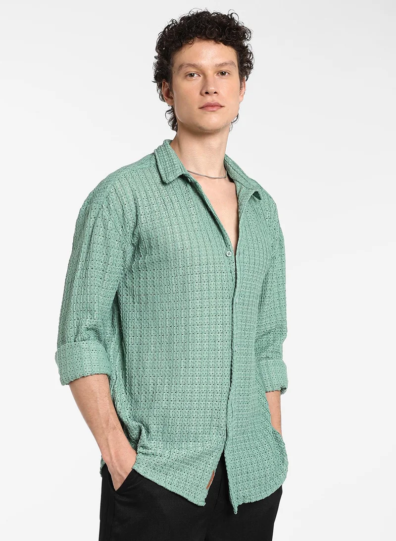 CAHOOT  Men's Sea Green Hollow Knit Oversized Shirt For Casual Wear | Cuban Collar | Long Sleeve | Button Closure | Oversized Shirt Crafted With Comfort Fit For Everyday Wear for Men | Best Price UAE