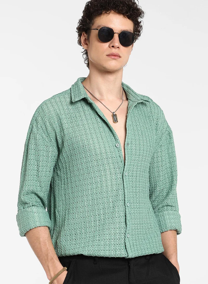 كامبوس سوترا Men's Sea Green Hollow Knit Oversized Shirt For Casual Wear | Cuban Collar | Long Sleeve | Button Closure | Oversized Shirt Crafted With Comfort Fit For Everyday Wear