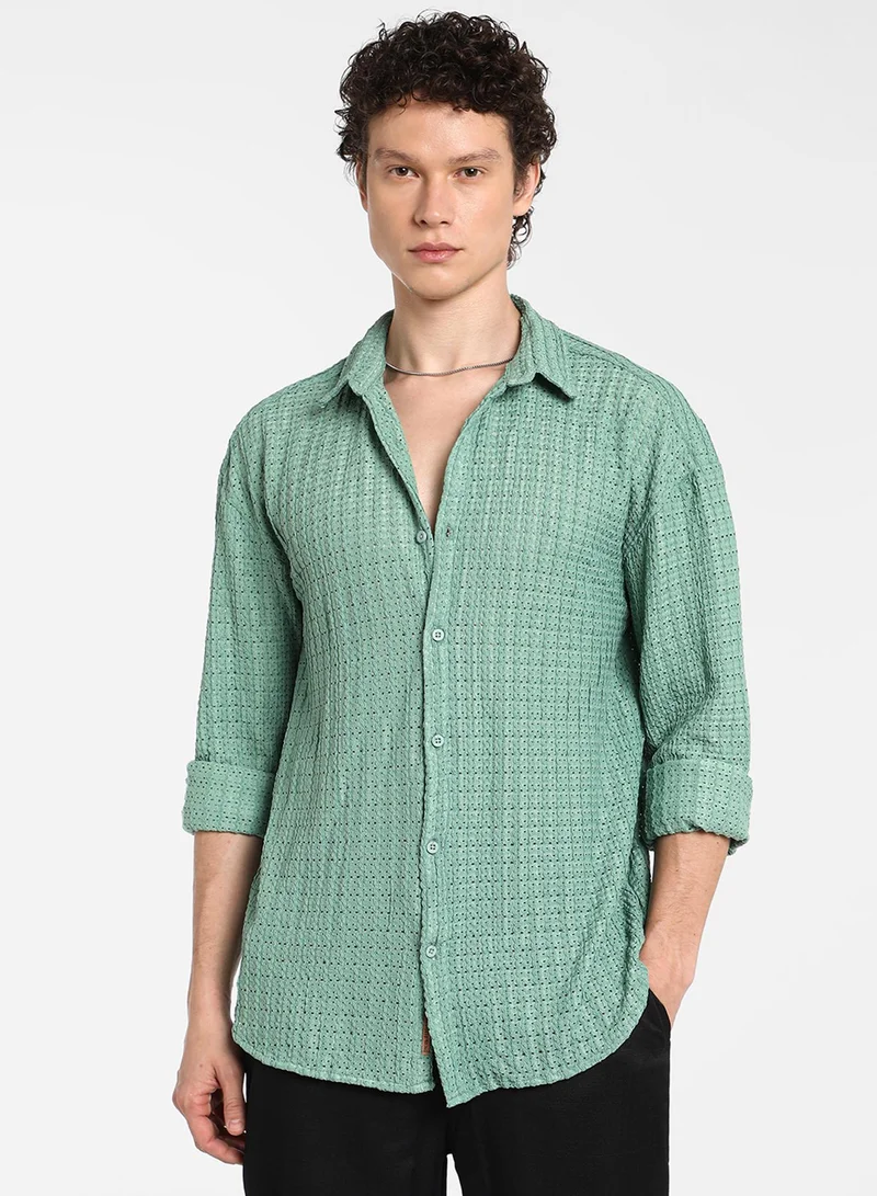 كامبوس سوترا Men's Sea Green Hollow Knit Oversized Shirt For Casual Wear | Cuban Collar | Long Sleeve | Button Closure | Oversized Shirt Crafted With Comfort Fit For Everyday Wear