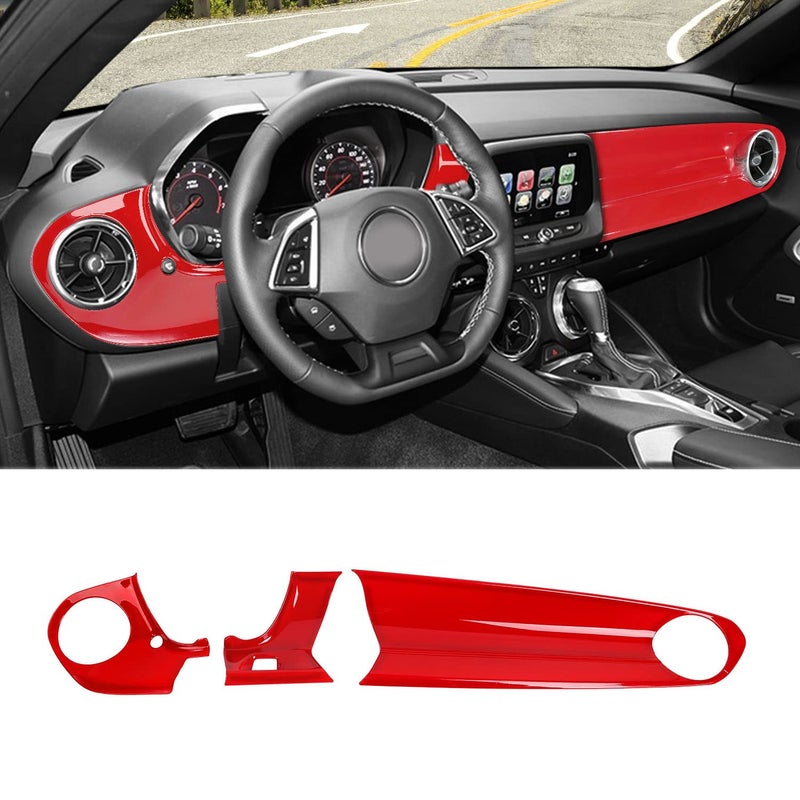 RAZPOY for Camaro Center Console Panel Trim 3PCS Dashboard Panel Cover Compatible with 20162023 Chevy Camaro Interior Accessories Red Without HUD
