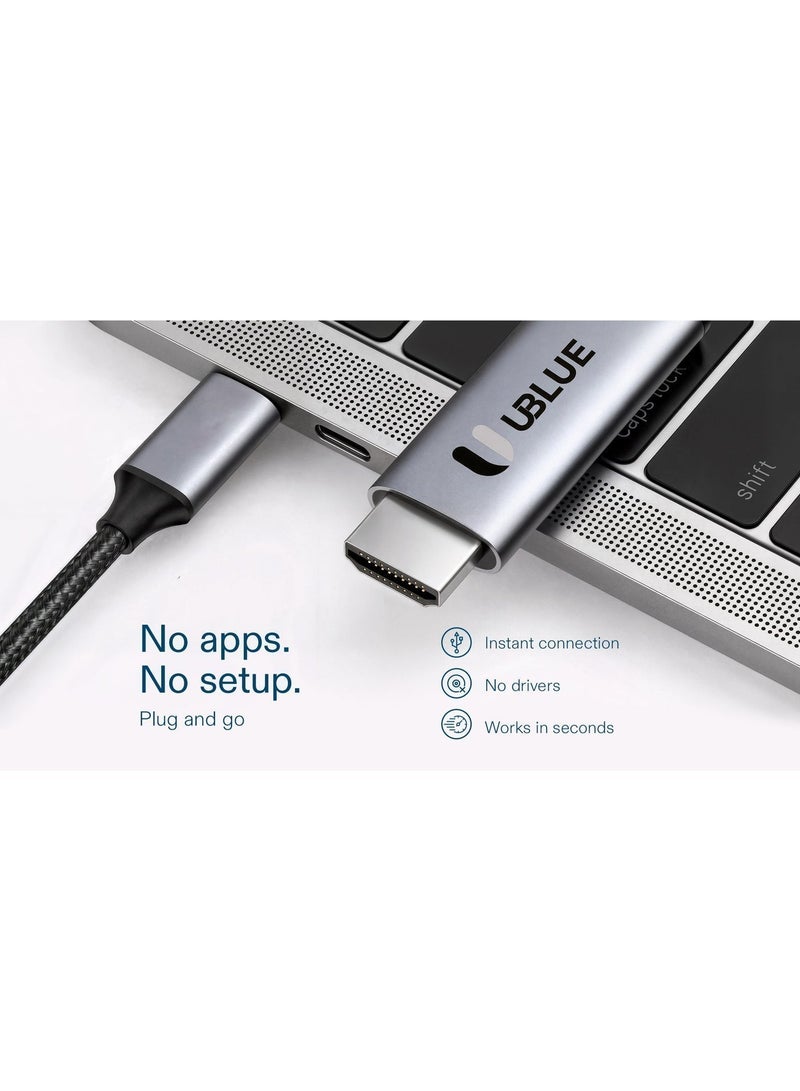 يوبلو كابل UBLUE من USB-C إلى HDMI، بطول 2 متر، يدعم دقة 4K بمعدل 60 هرتز، وضع DP البديل، للصوت والفيديو، مضفر، هيكل من الألومنيوم، مطلي بالذهب، متوافق مع أجهزة iPhone من سلسلة 15-17، وiPad/Pro/Air/Mini، وSamsung S23-S25 /Galaxy Z، وMacBook Pro - Image 3