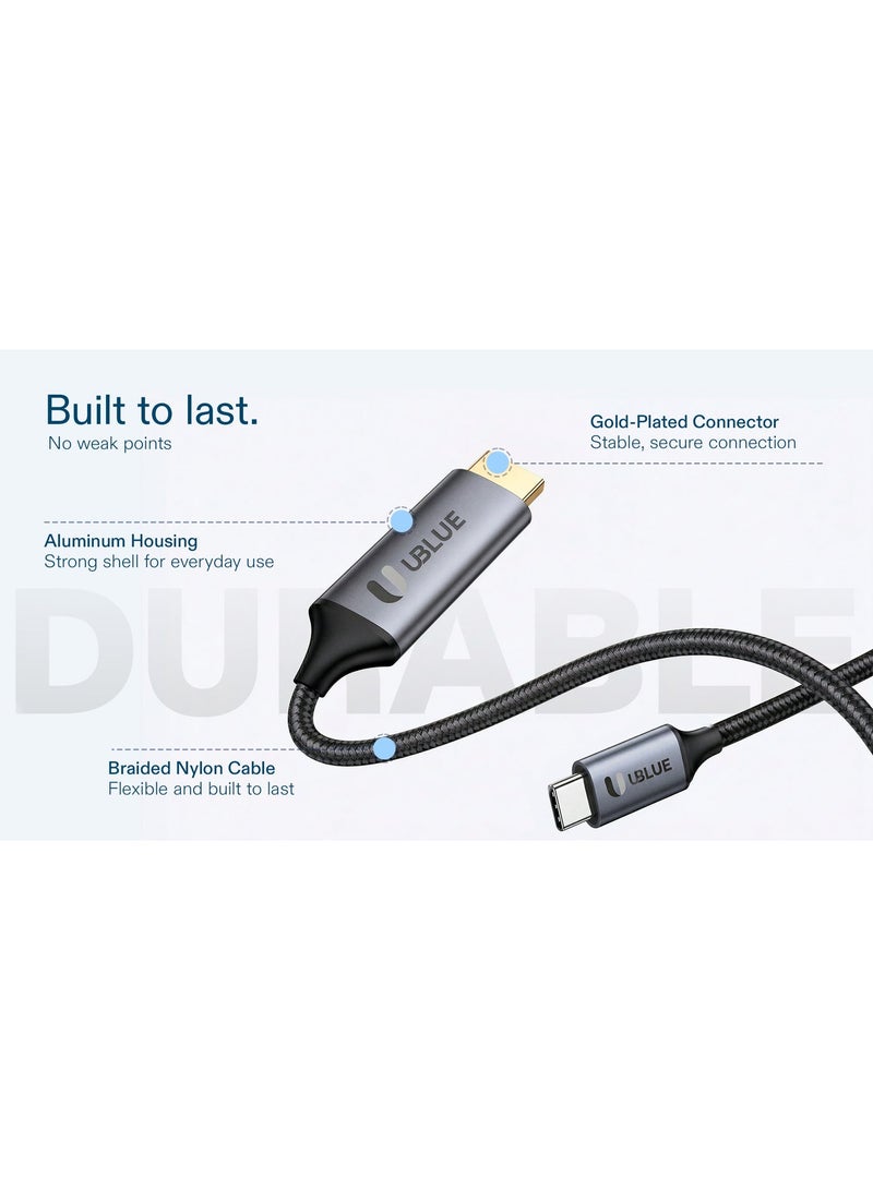 يوبلو كابل UBLUE من USB-C إلى HDMI، بطول 2 متر، يدعم دقة 4K بمعدل 60 هرتز، وضع DP البديل، للصوت والفيديو، مضفر، هيكل من الألومنيوم، مطلي بالذهب، متوافق مع أجهزة iPhone من سلسلة 15-17، وiPad/Pro/Air/Mini، وSamsung S23-S25 /Galaxy Z، وMacBook Pro - Image 2