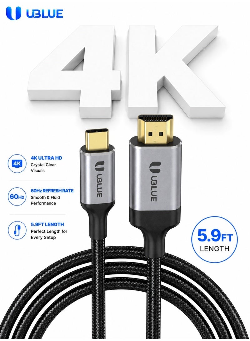 يوبلو كابل UBLUE من USB-C إلى HDMI، بطول 2 متر، يدعم دقة 4K بمعدل 60 هرتز، وضع DP البديل، للصوت والفيديو، مضفر، هيكل من الألومنيوم، مطلي بالذهب، متوافق مع أجهزة iPhone من سلسلة 15-17، وiPad/Pro/Air/Mini، وSamsung S23-S25 /Galaxy Z، وMacBook Pro - Image 1