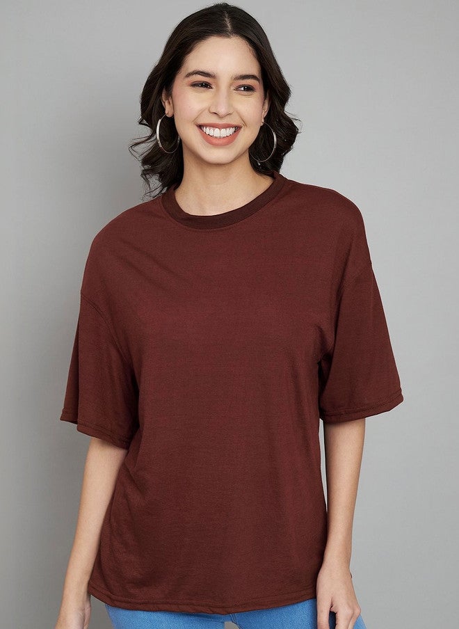 Trend Level Women Solid Oversized T-shirt with Drop-Shoulder Sleeves - Image 1